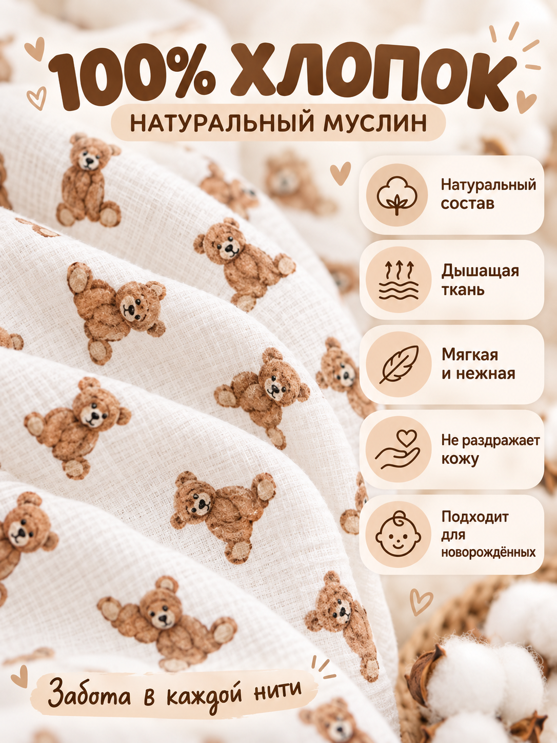 Пелёнка Loo-Loo мишки муслин 100х135 см 1 шт. - фото 6