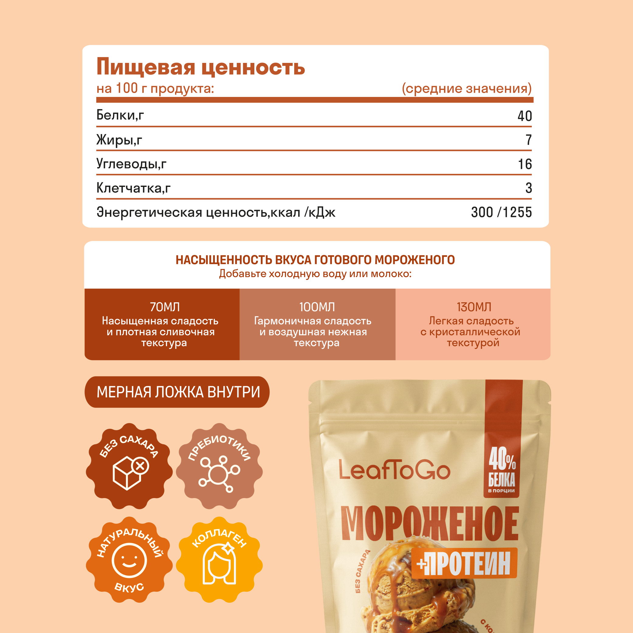 Смесь для протеинового мороженого LeafToGo без сахара 500 гр соленая карамель - фото 11