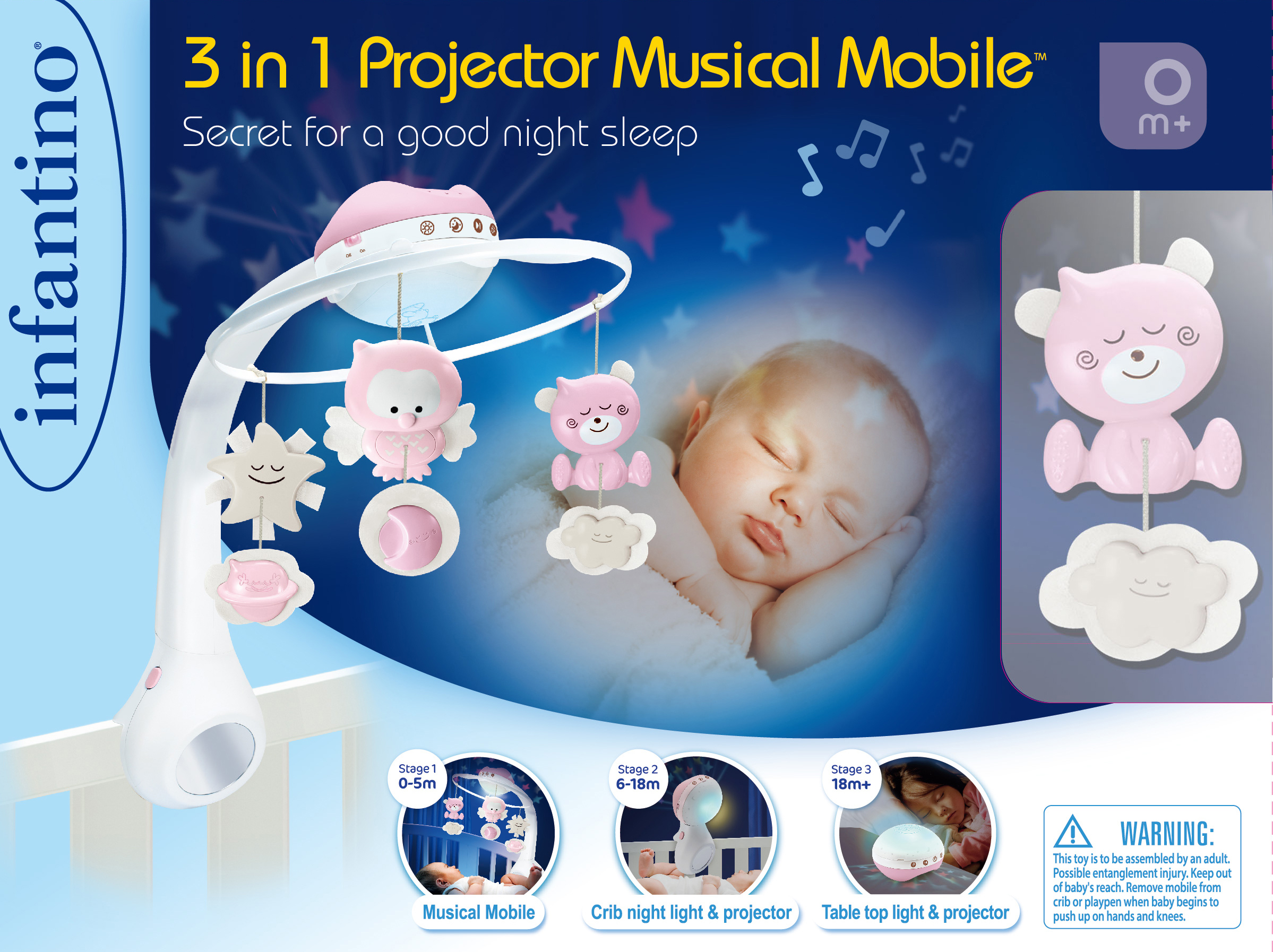 Мобиль INFANTINO 3 в 1 Музыкальный розовый - фото 1