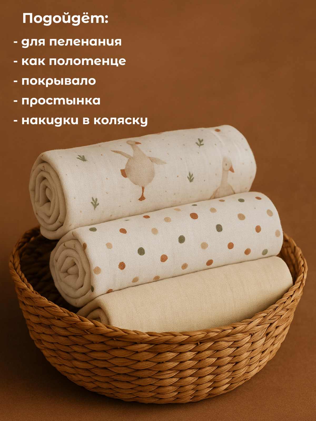 Пелёнка Сонный ежик Муслиновые пеленки муслин 100х130 см 3 шт. - фото 5