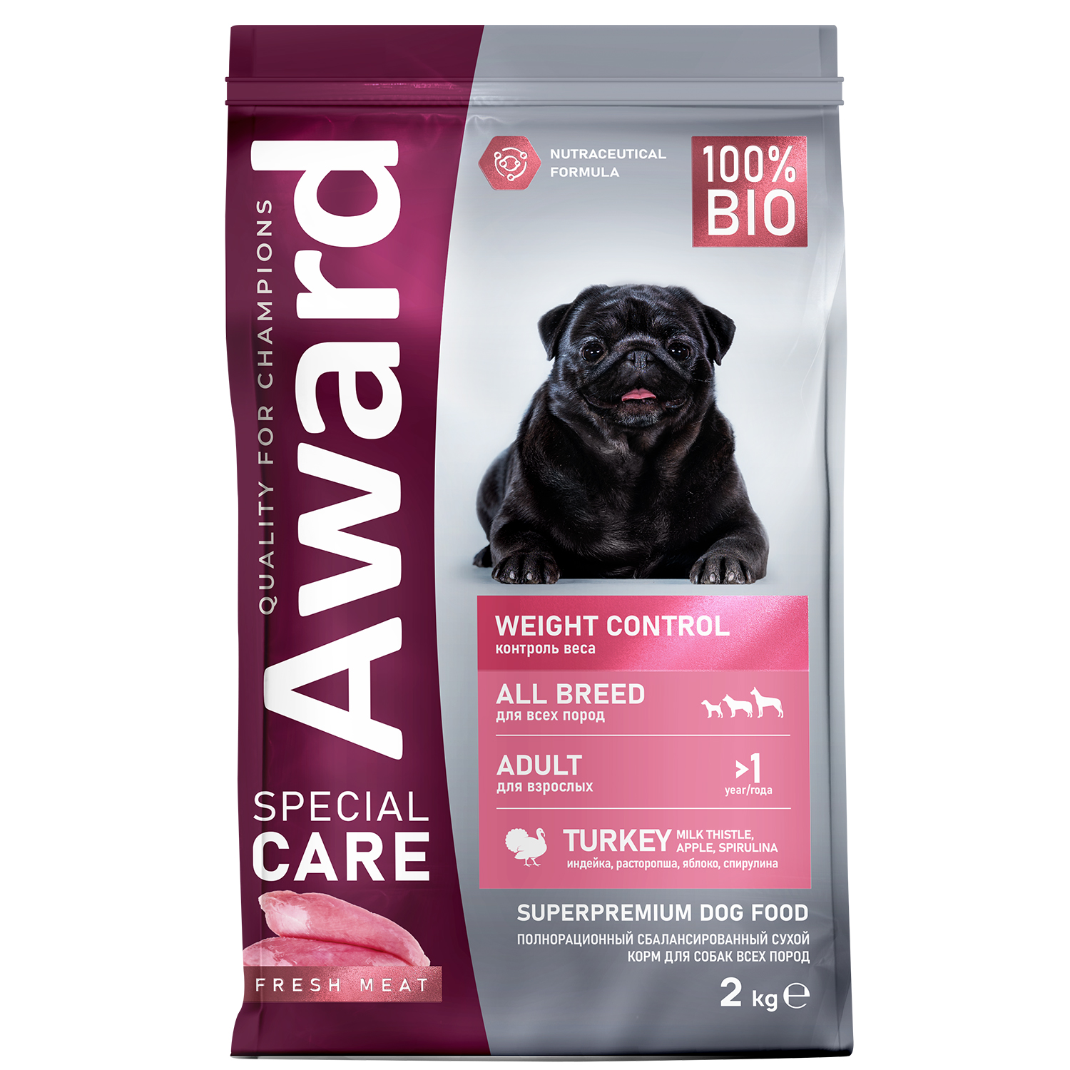 Корм для взрослых собак всех пород AWARD Special Care Weight Control для контроля веса со свежим мясом индейки сухой 2кг - фото 1