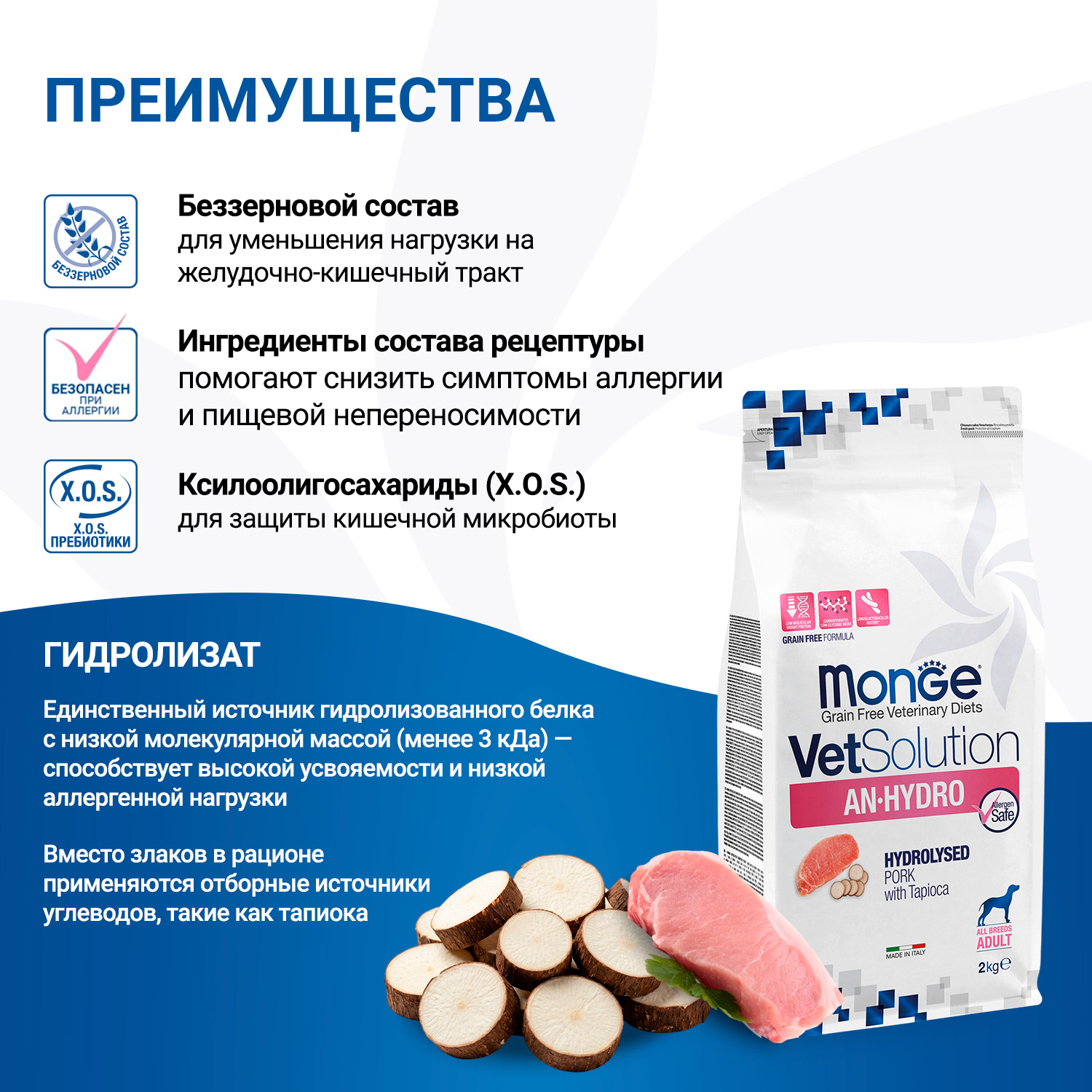 Корм для собак диетический MONGE VetSolution Dog An-Hydro ан-гидро при пищевой непереносимости 2кг - фото 3