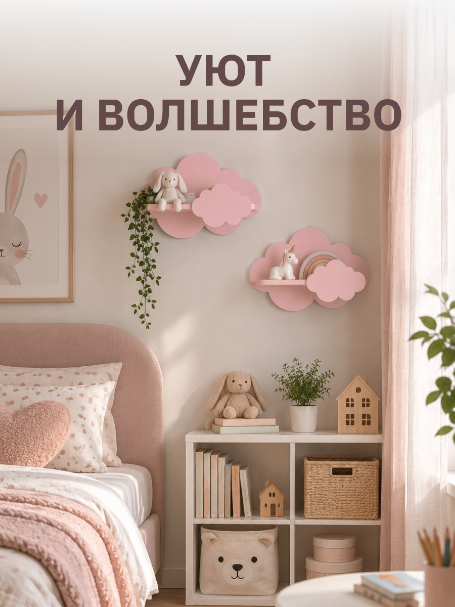 Полки для детской Pema kids набор облака розовые 2 шт МДФ - фото 4