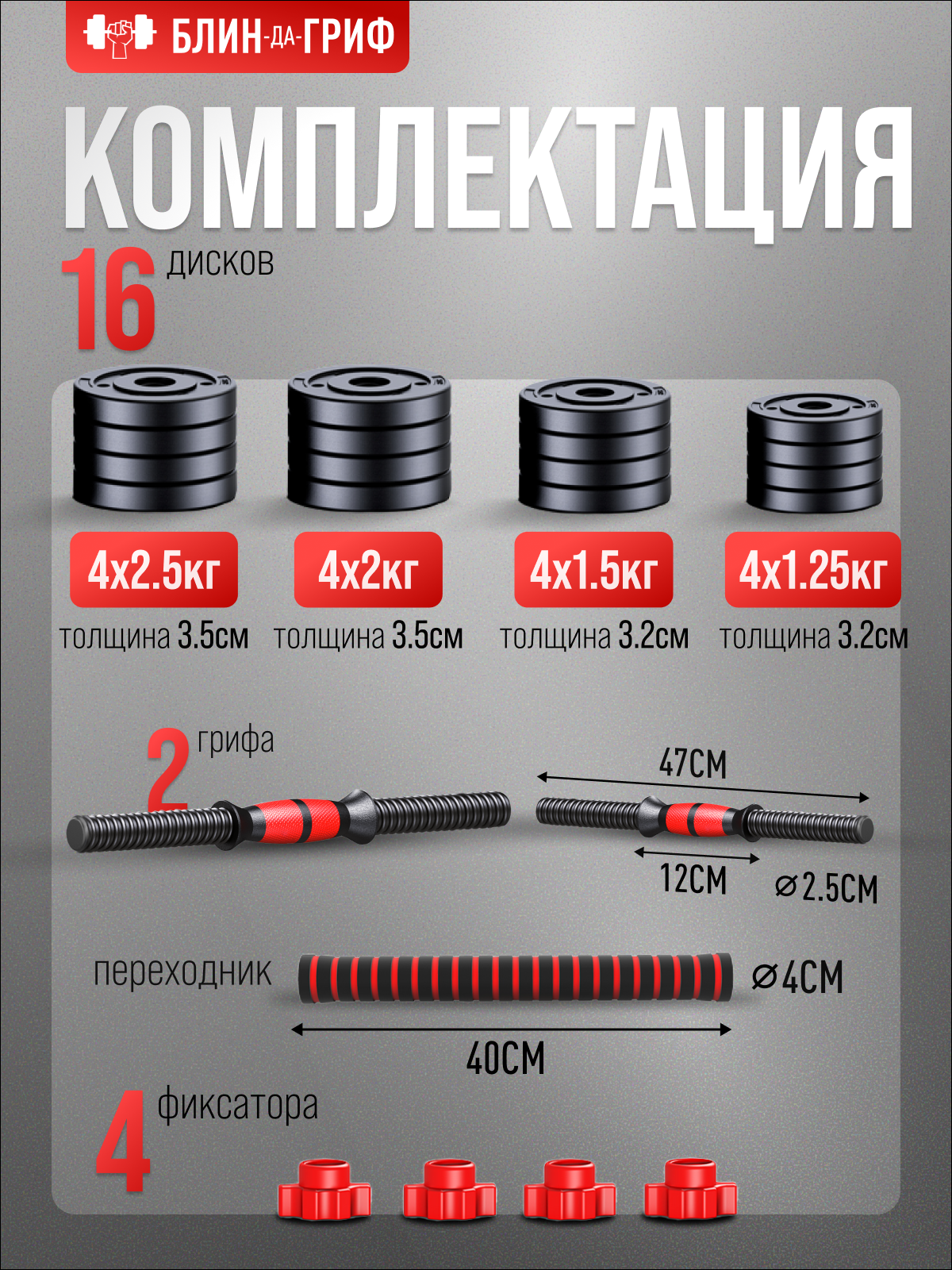 Набор блинов с грифом БлинДаГриф Гантель 15кг 2шт - фото 2