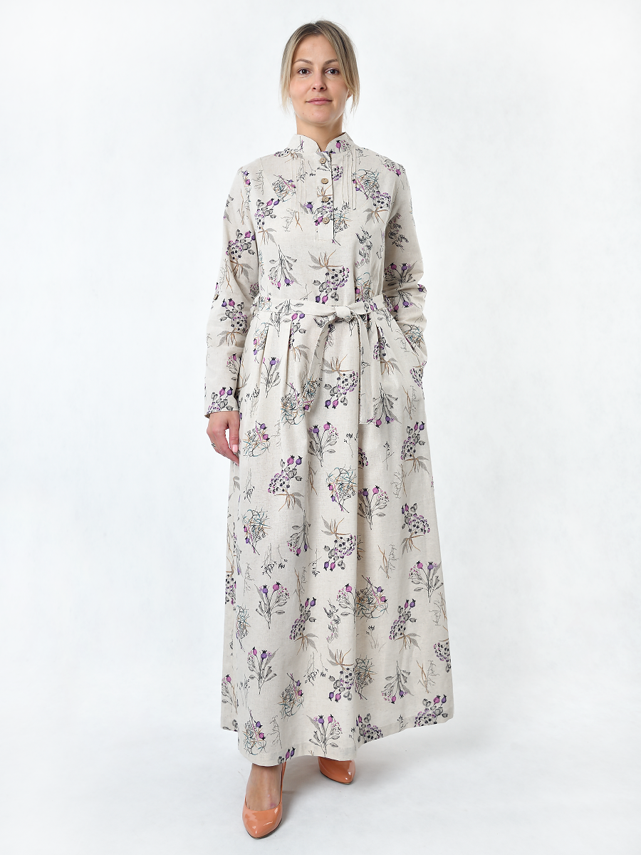 Платье Льняная Горница пл025-02/бежевый-сиреневый-серый - фото 2