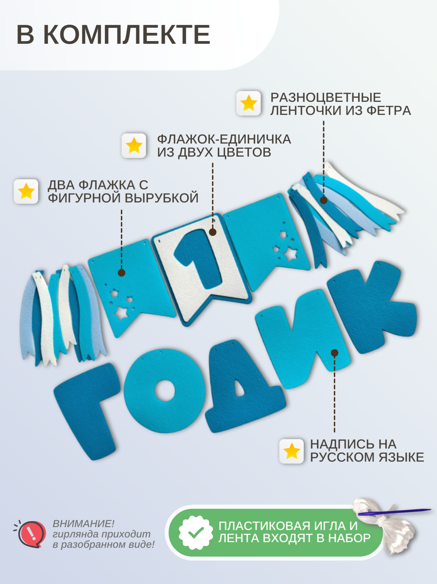 Гирлянда-растяжка Mimibabybook на 1 годик синяя из фетра - фото 3