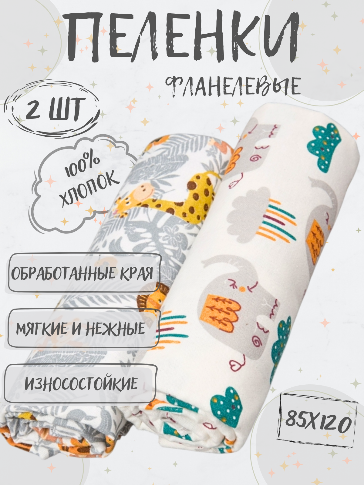 Пеленки фланелевые Чудо-чадо для новорожденных «Тренды» 85х120см Зоопарк 2 шт - фото 1