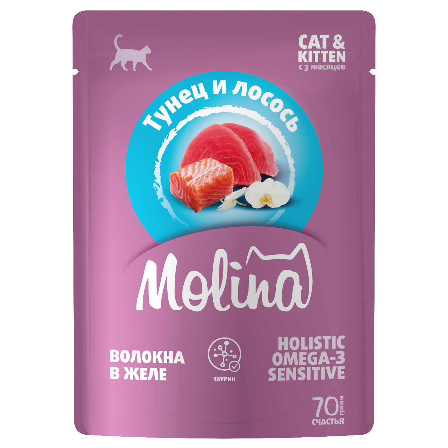 Корм для котят и кошек Molina пауч с тунцом и лососем волокна в желе 70г - фото 1
