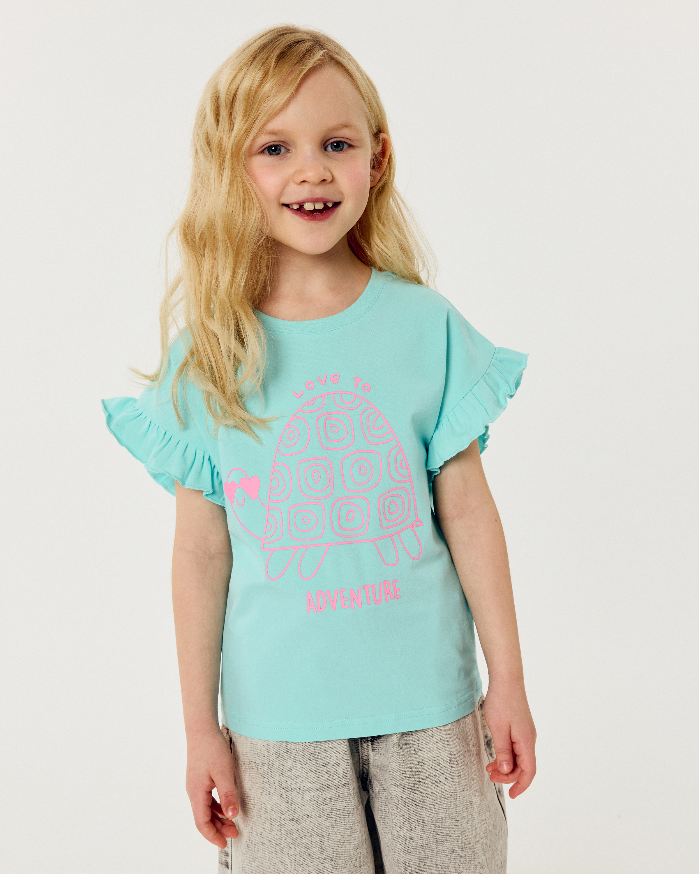 Изображение товара Футболка Futurino 104 Мятная с оборками и принтом черепашки