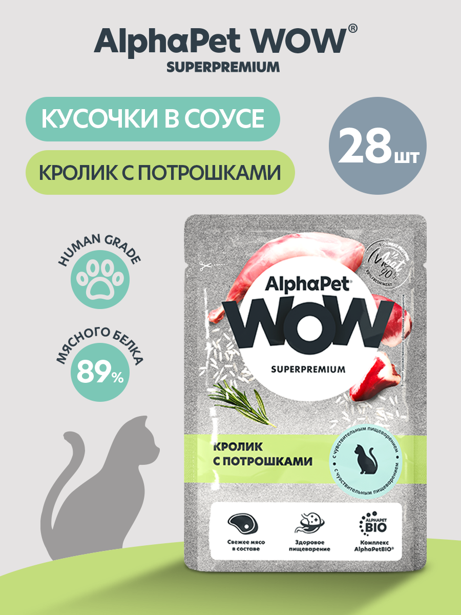 Пауч 28 шт Влажный полнорационный корм AlphaPet для кошек с чувствительным пищеварением кролик с потрошками нежные ломтики 85 - фото 1