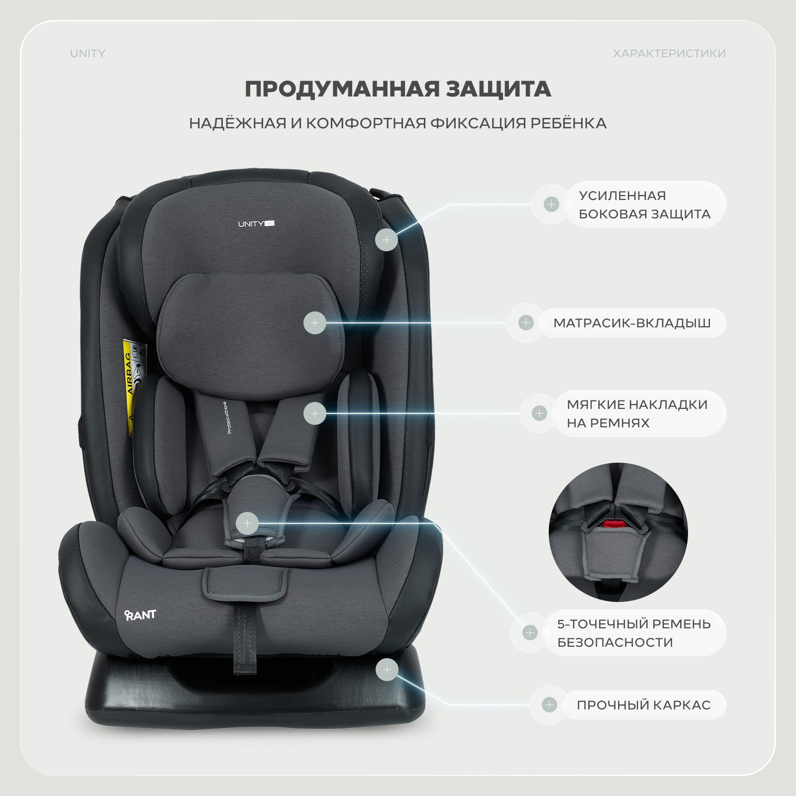 Автокресло Rant Basic Unity Pro 0+/1/2/3 (0-36 кг) серый - фото 2