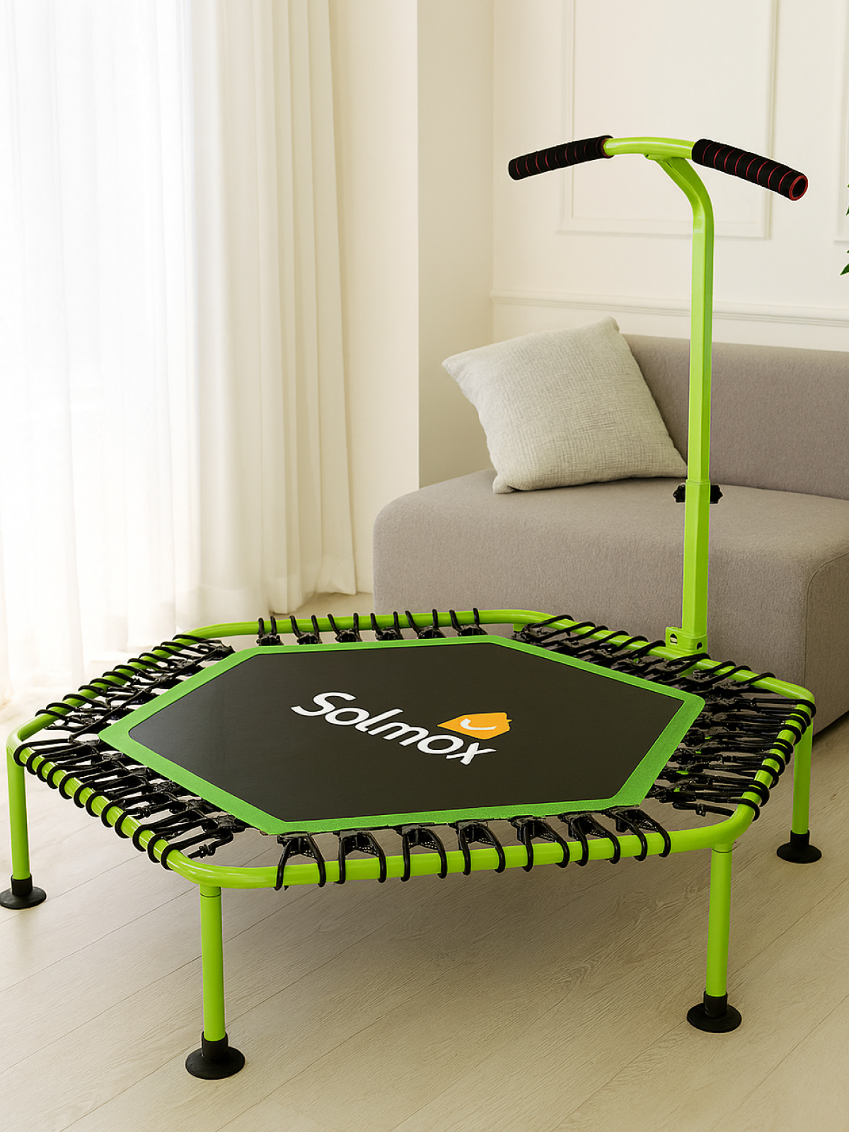 Каркасный фитнес батут Solmax с держателем ручкой 100 см для детей и взрослых черный зеленый - фото 10