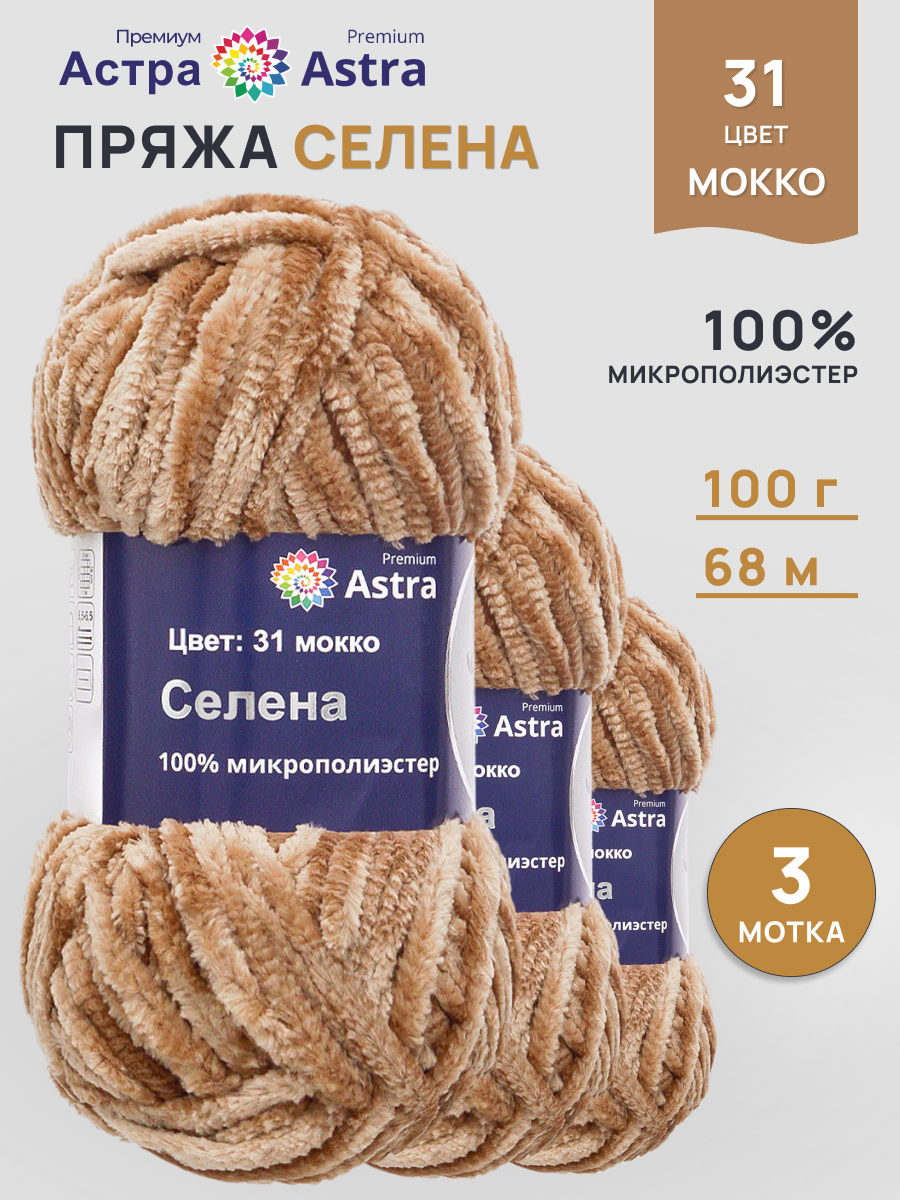 Пряжа для вязания Astra Premium селена мягкая микрополиэстер 100 гр 68 м 31 мокко 3 мотка - фото 1