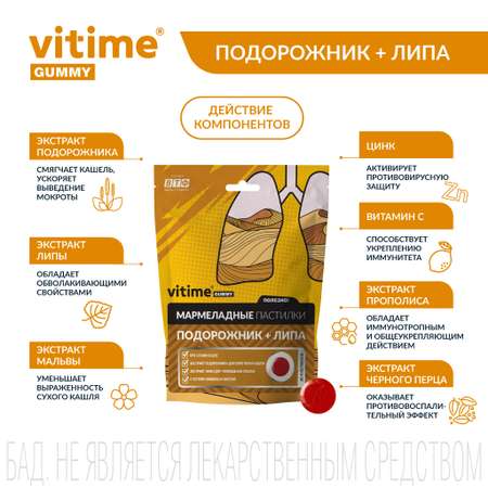 VITime Мармеладные пастилки Vitime Подорожник + Липа для смягчения сухого кашля для взрослых