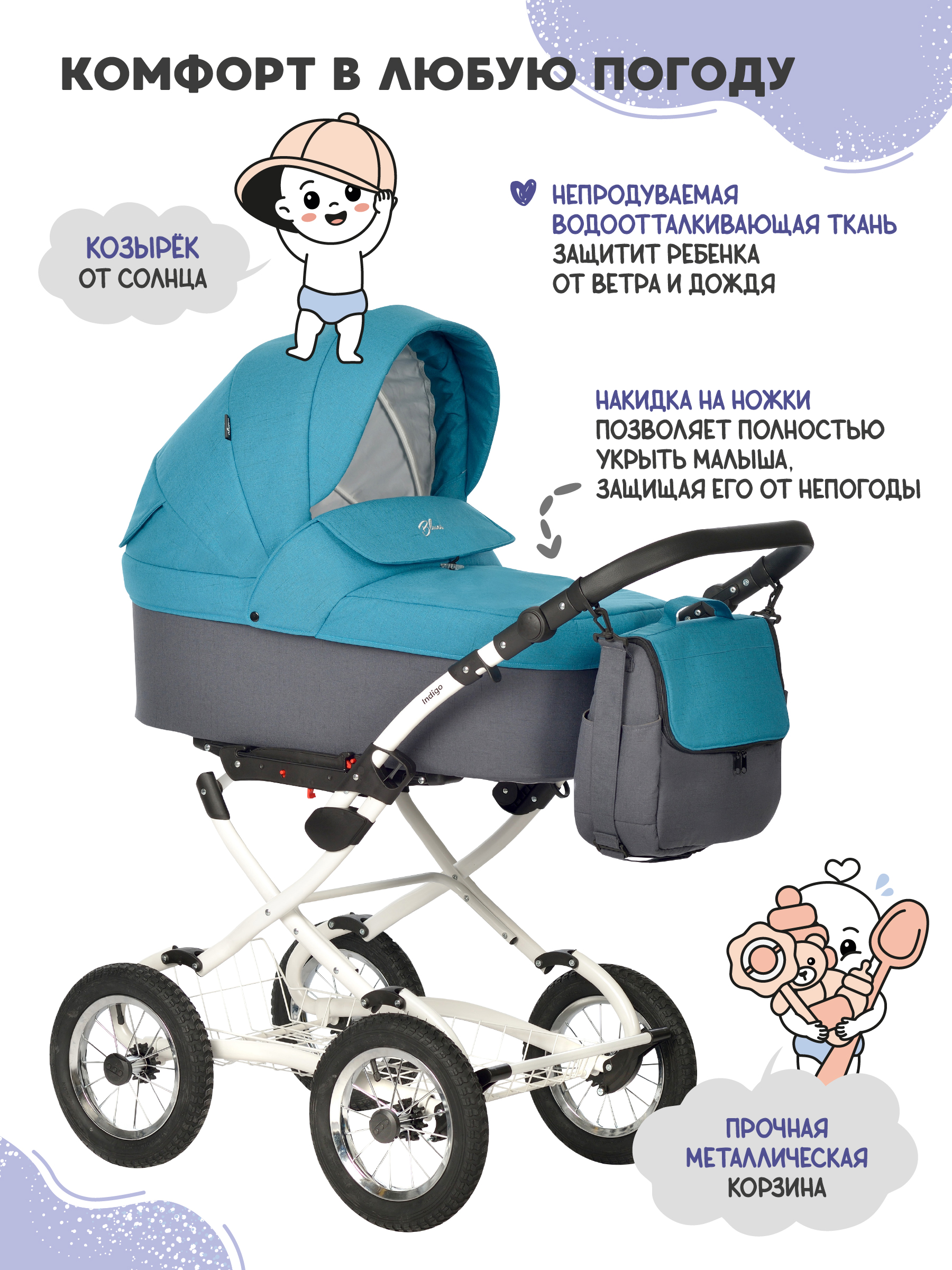 Коляска люлька Indigo Blues Classic 06 мор. волна - фото 4