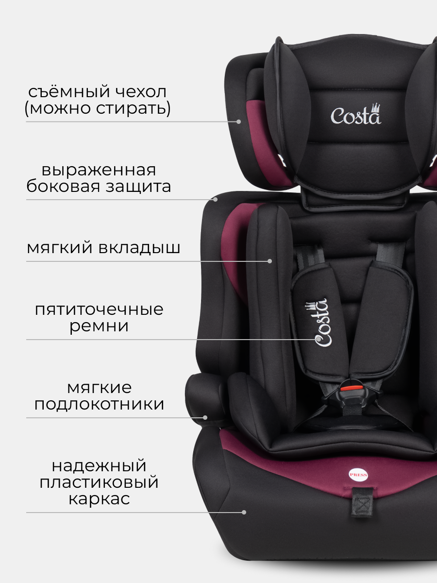 Автокресло Costa HC-01 1/2/3 (9-36 кг) бордовый - фото 4