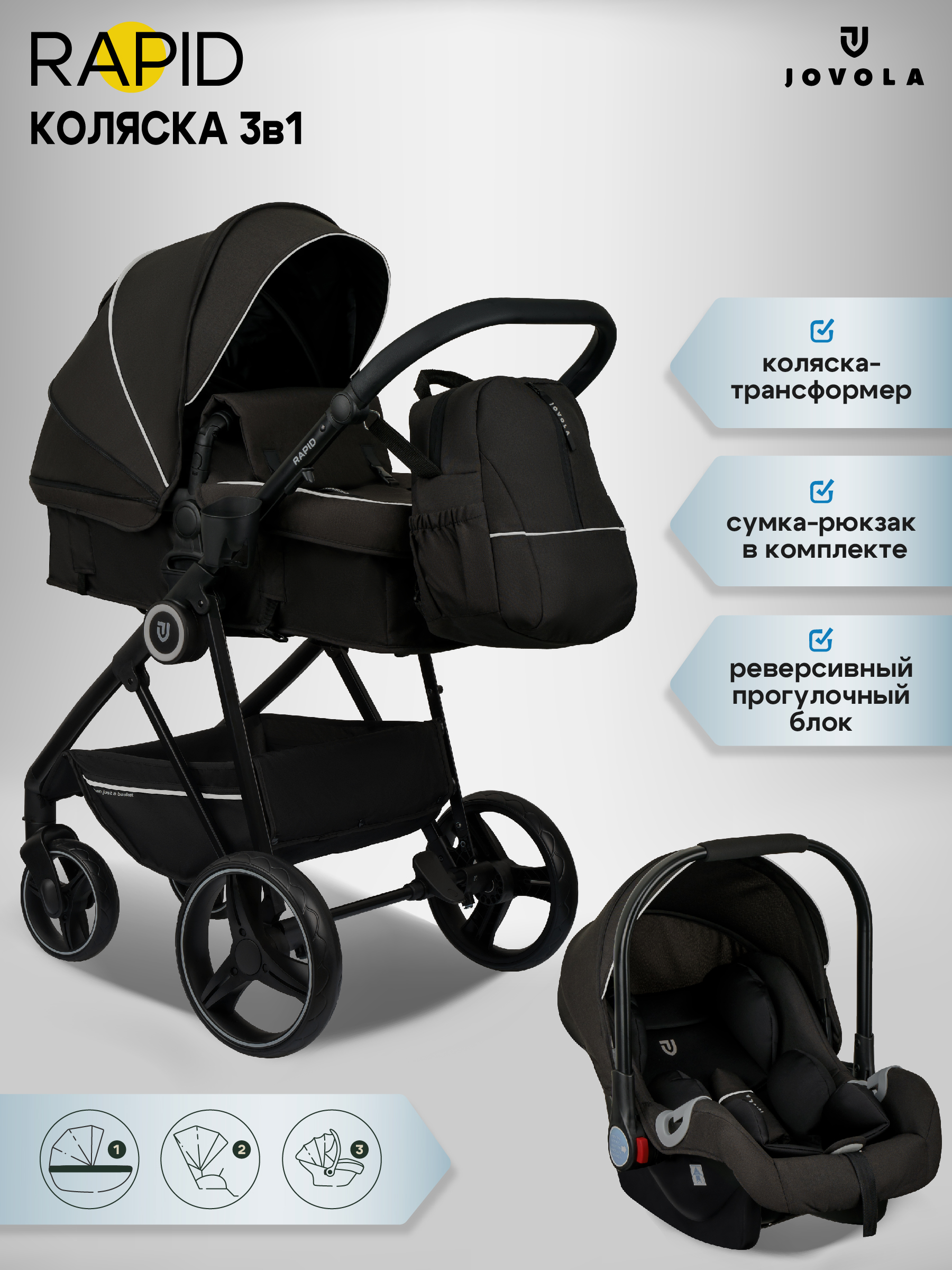 Коляска трансформер JOVOLA RAPID 3в1 черный - фото 1