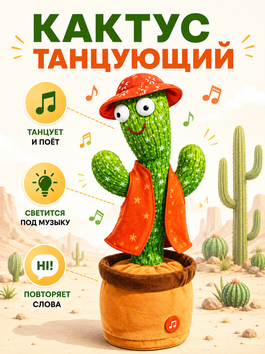 Мягкая игрушка BalaToys Кактус Танцующий Музыкальный - фото 1