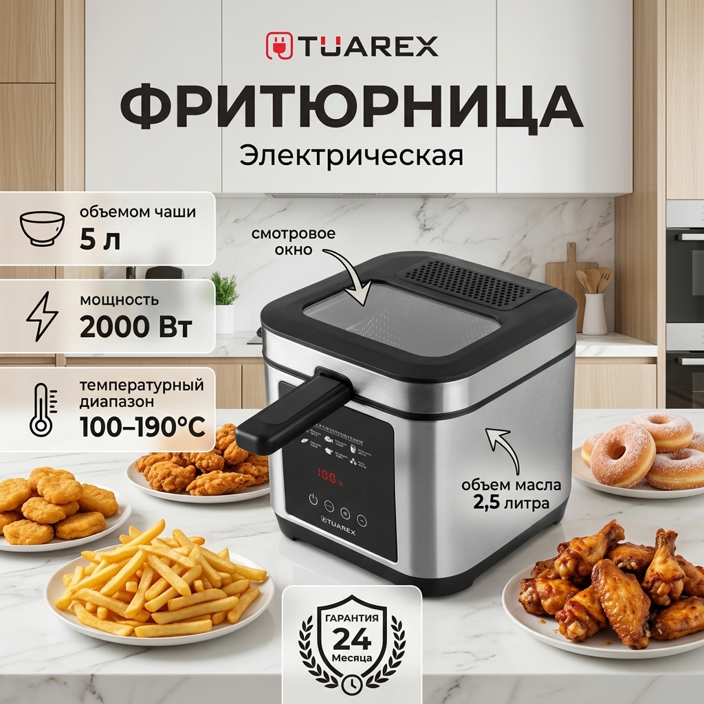 Изображение товара Электрическая фритюрница TUAREX AG-3501 с регулировкой температуры и объемом 2,5 л Изображение товара Электрическая фритюрница TUAREX AG-3501 с регулировкой температуры и объемом 2,5 л