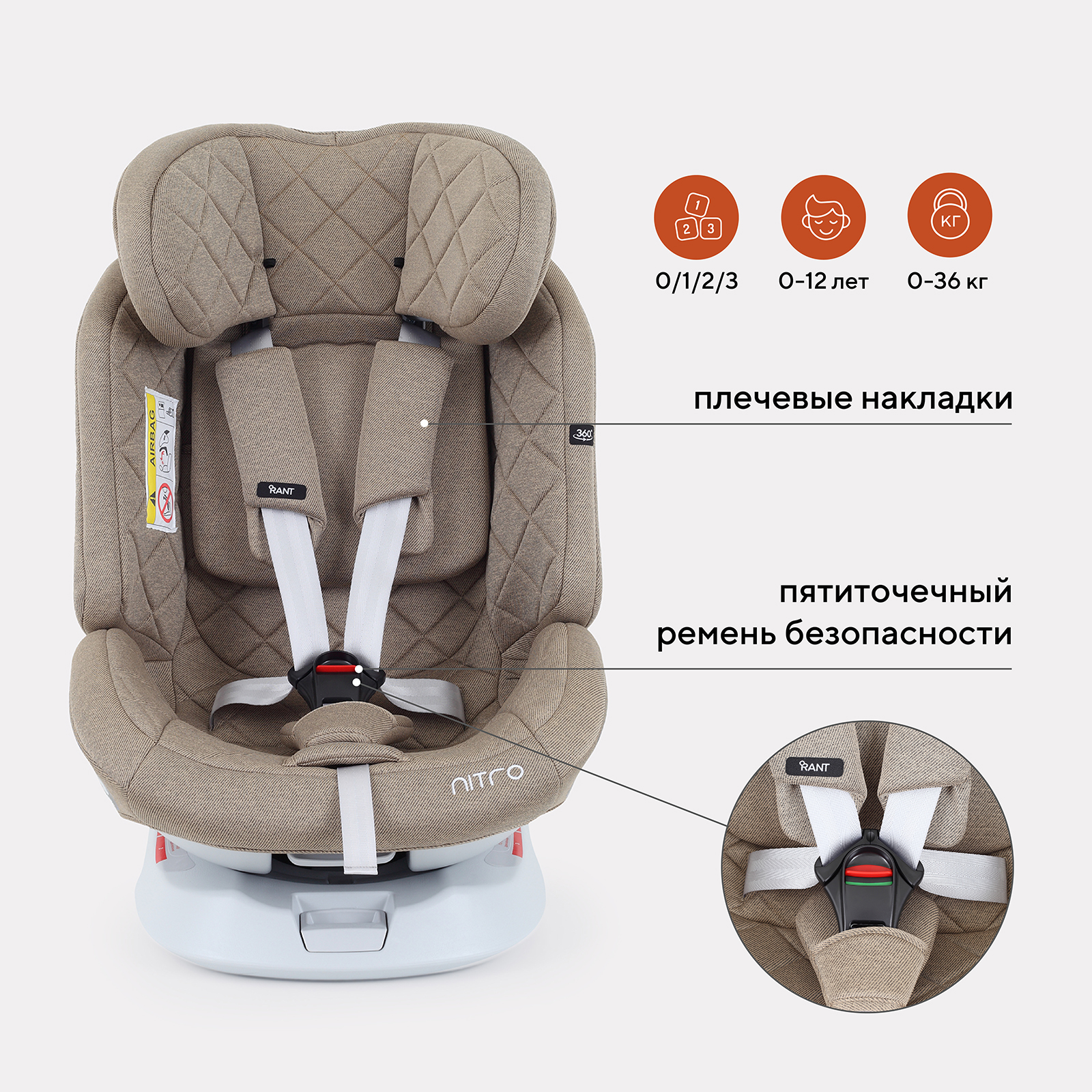 Автокресло Rant Nitro isofix Isofix 0+/1/2/3 (0-36 кг) бежевый - фото 5