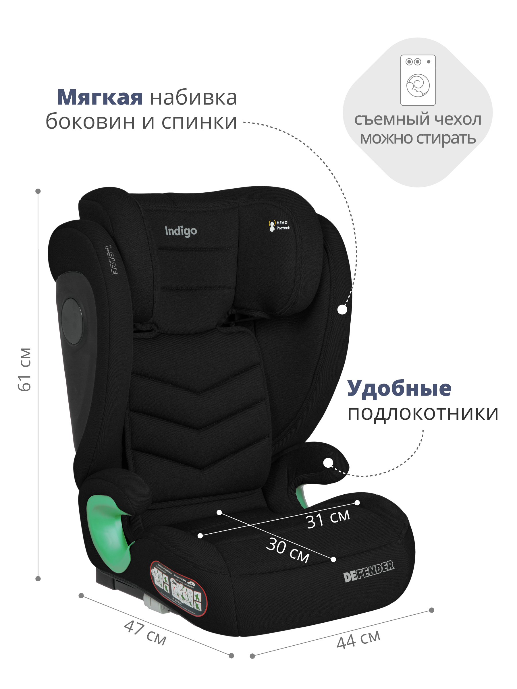 Автокресло Indigo DEFENDER, I-SIZE, черный Isofix 2/3 (15-36 кг) черный - фото 4