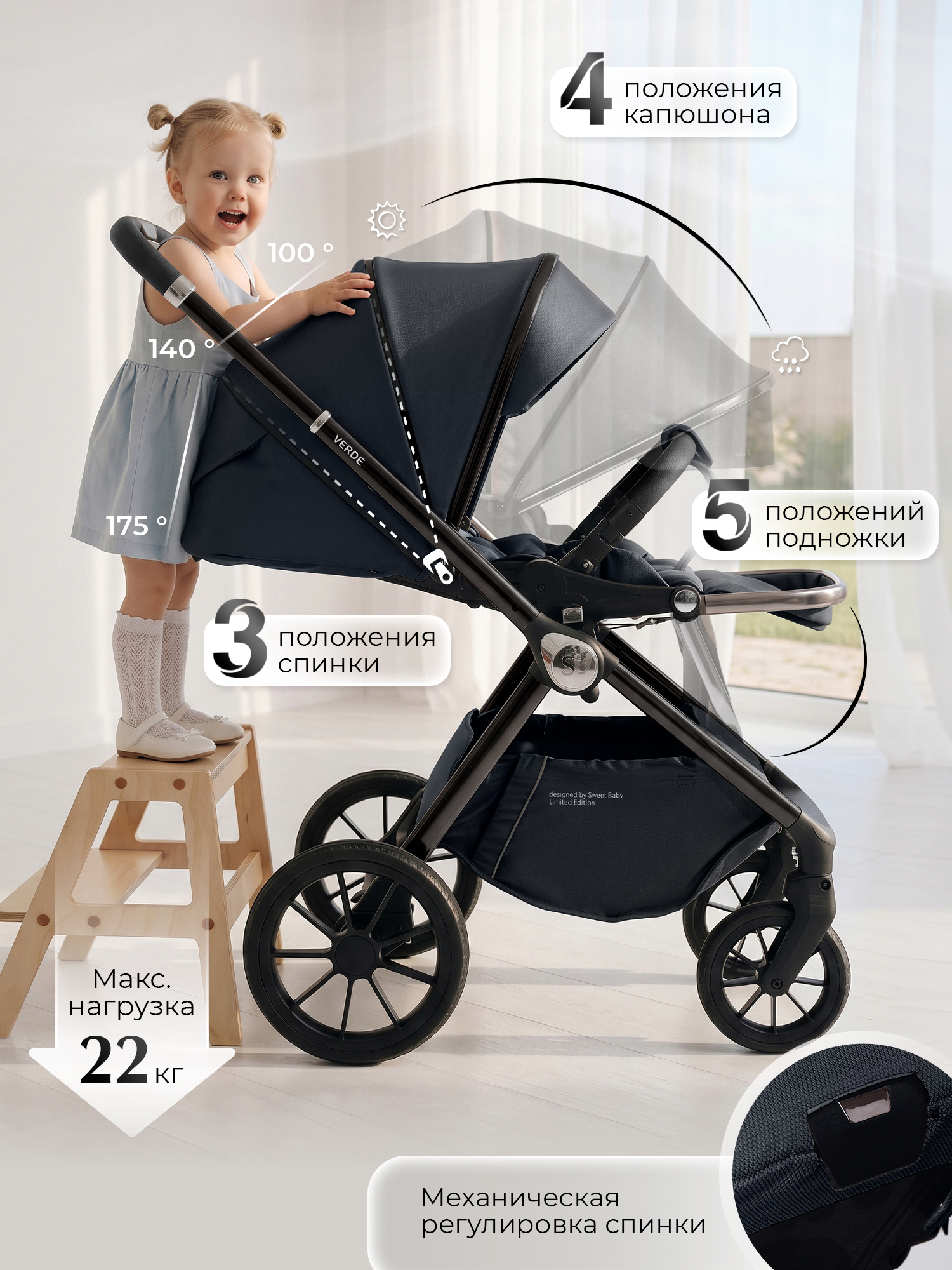 Коляска 3в1 Sweet Baby Verde Blue (Black Glossy) голубой - фото 7