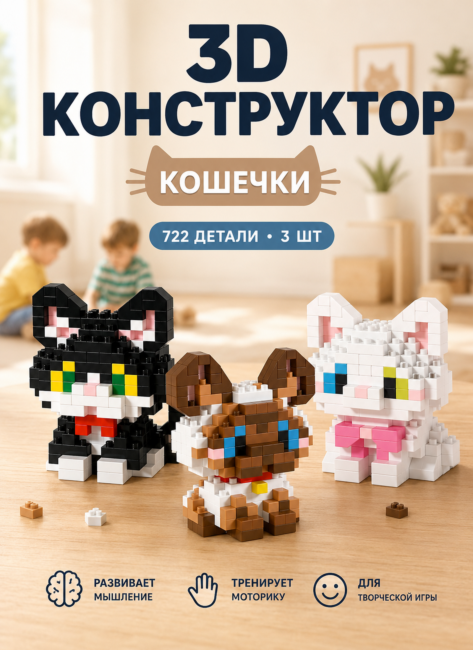 Конструктор TrendToys 3Д котики 3 шт 722 дет. - фото 1