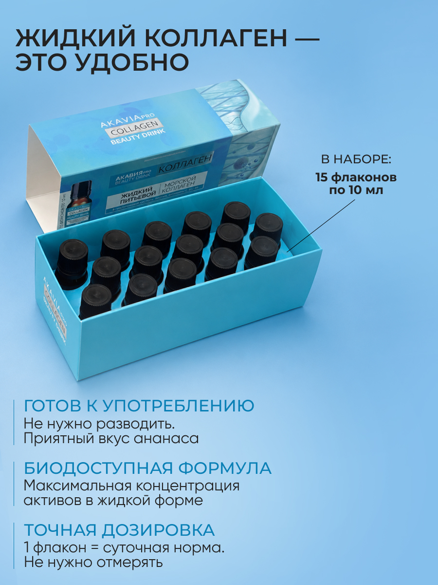 БАД АКАВИЯ PRO КОЛЛАГЕН BEAUTY DRINK Напиток безалкогольный негазированный 15 фл. по 10 мл - фото 2