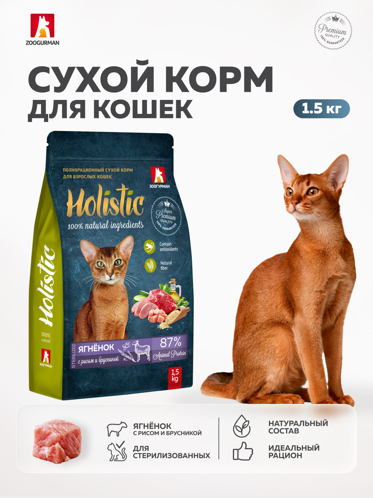 Сухой корм для взрослых кошек Зоогурман Holistic ягненок с рисом и брусникой 1.5кг - фото 1