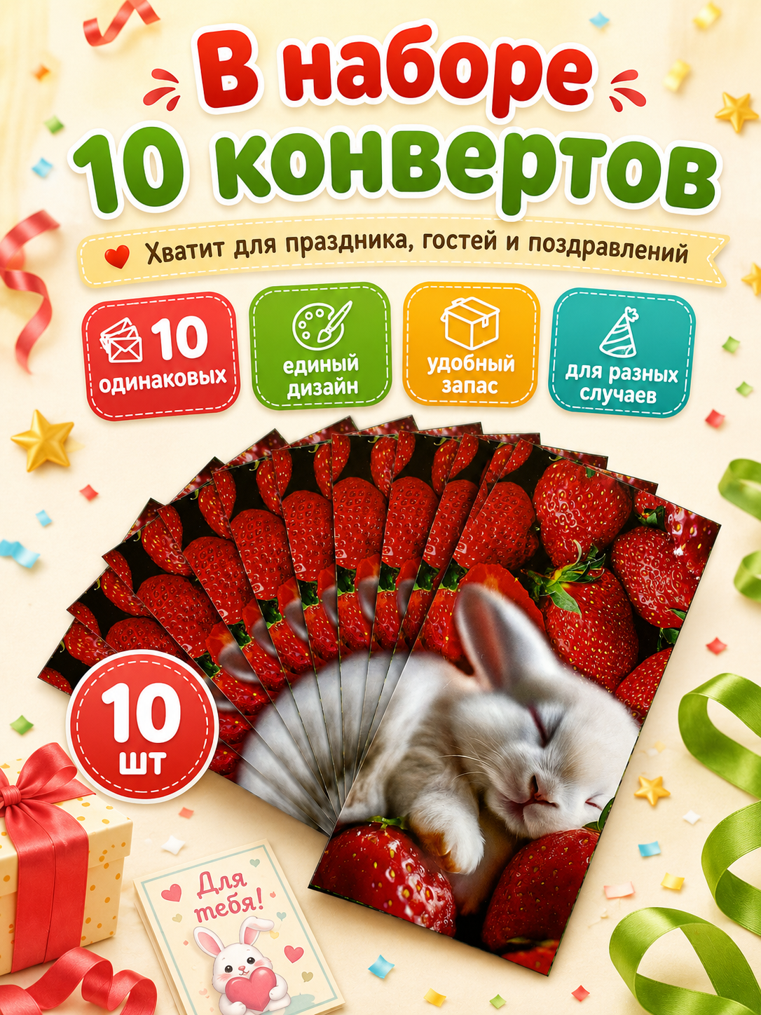 Конверты для денег детские Филькина Грамота со спящим кроликом и клубникой 10 шт - фото 1