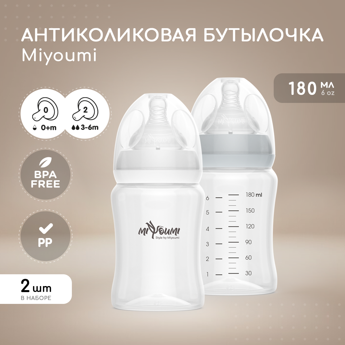 Бутылочка Miyoumi Anti-Colic 180 мл 2 шт. - фото 1