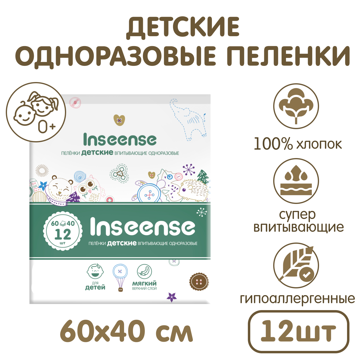 Пелёнки одноразовые INSEENSE 40х60 см 12 шт. - фото 1