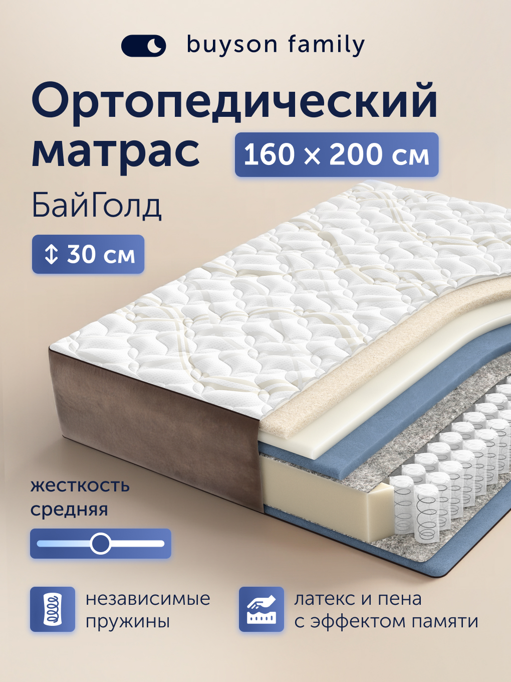 Изображение товара Матрас Buyson BuyGold 200х160 с независимыми пружинами Изображение товара Матрас Buyson BuyGold 200х160 с независимыми пружинами