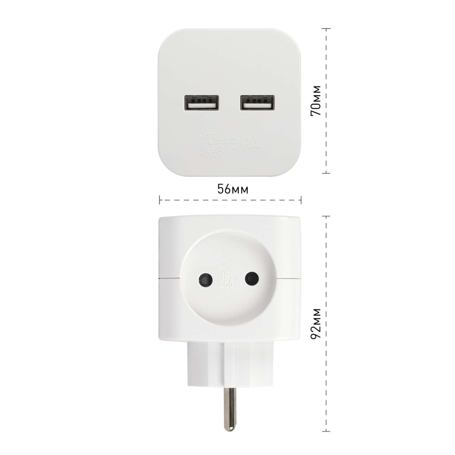 Разветвитель электрический ЭРА SP-2-USB-W на 2 розетки 2xUSB-А: 2.4А/5В без заземления 10А Белый - фото 1