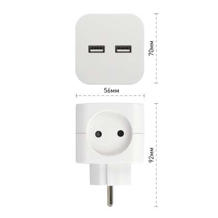 Разветвитель электрический ЭРА SP-2-USB-W на 2 розетки 2xUSB-А: 2.4А/5В без заземления 10А Белый