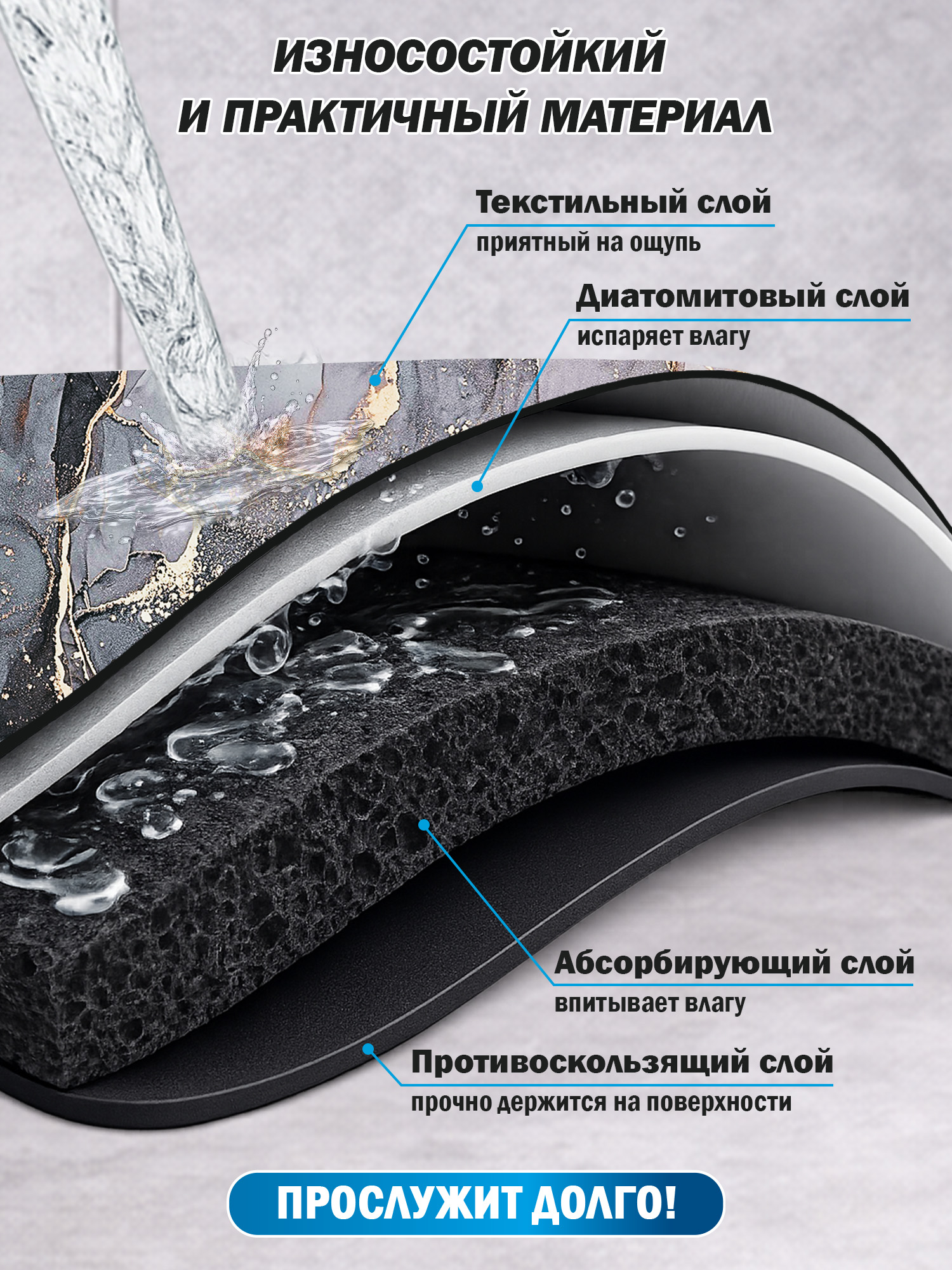 Коврик для сушки посуды BoomHouse нано впитывающий кухонный 40х50 см диатомитовый нескользящий - фото 3