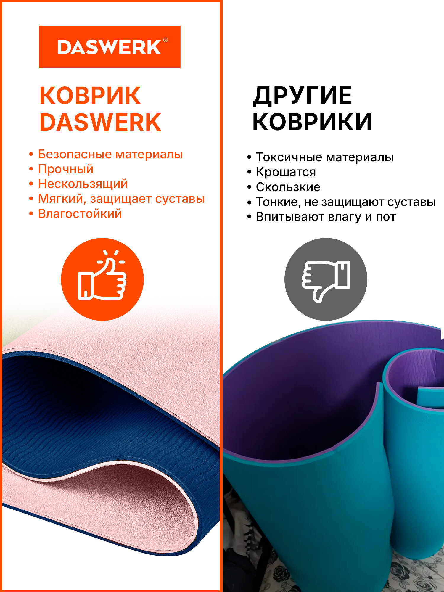 Коврик для йоги и фитнеса DASWERK нескользящий спортивный двухсторонний с чехлом - фото 8