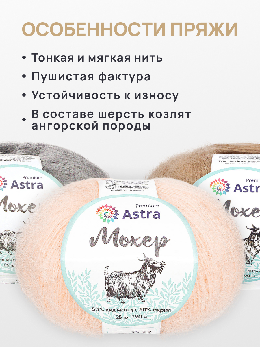 Пряжа Astra Premium Мохер Mohair полушерстяная с ворсом 25 г 190 м 41 пудровый 4 мотка - фото 3