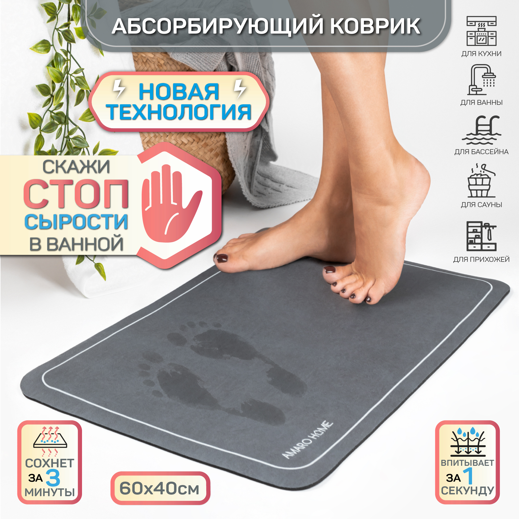 Коврик для ванной AMARO HOME с абсорбирующим эффектом мокрый асфальт - фото 2