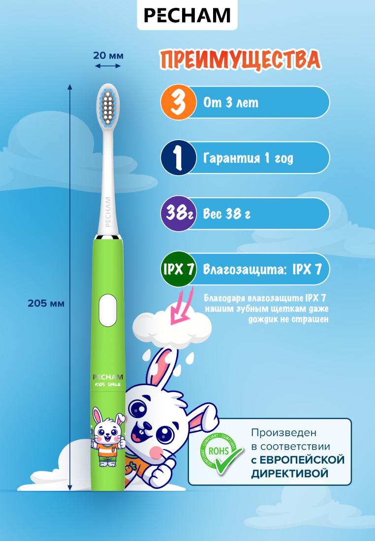 Зубная щетка электрическая PECHAM Bunny от 3 лет 1 шт. - фото 3