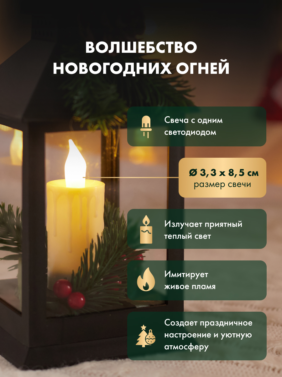 Ночник декоративный NEON-NIGHT со свечой и шишкой в черном корпусе тепло-белое свечение - фото 3