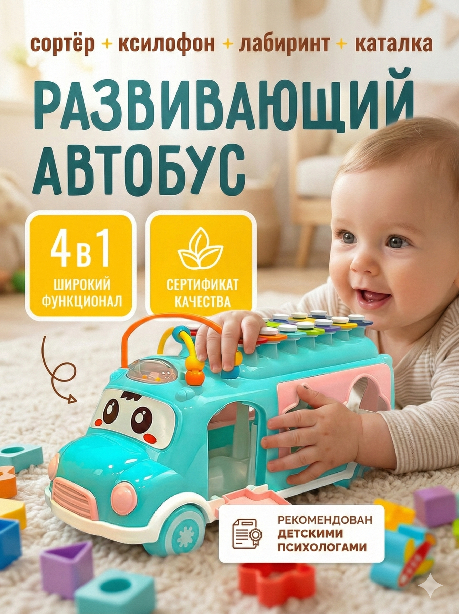 Игрушка SHARKTOYS сортер Автобус Ксилофон - фото 1