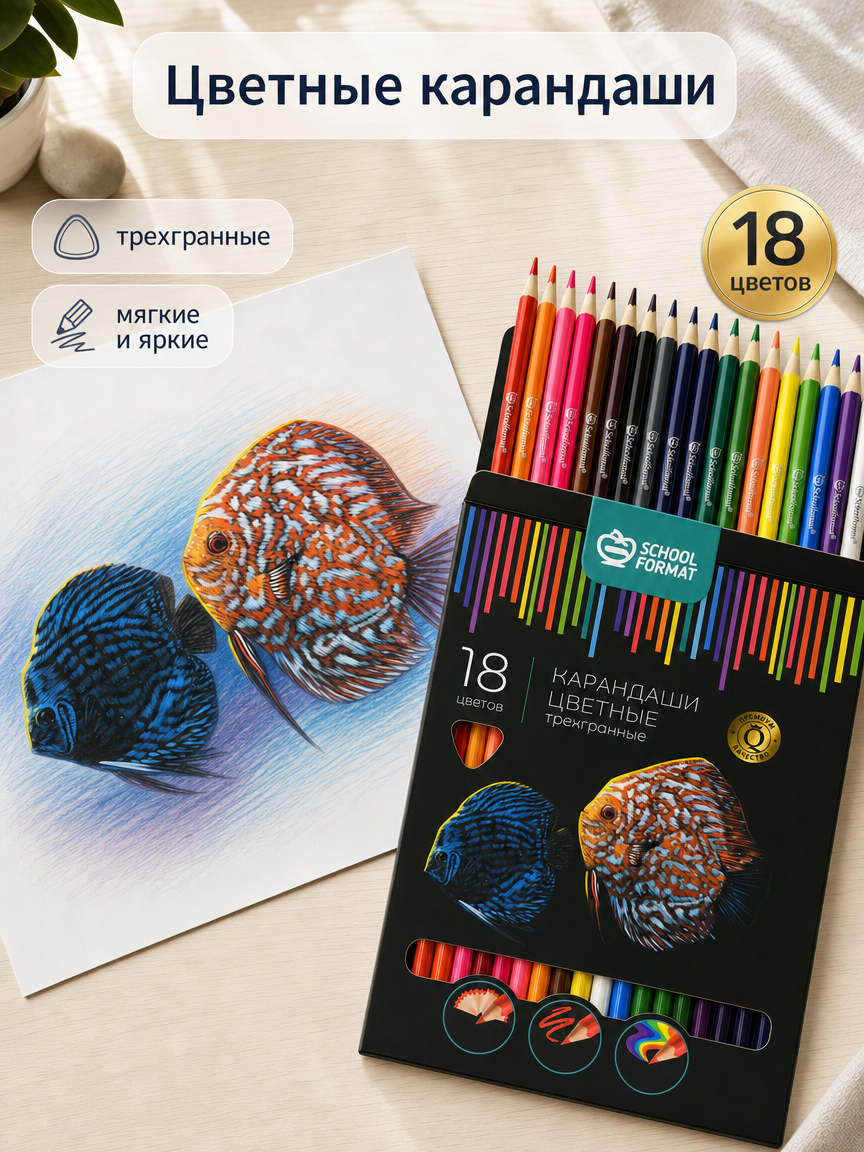 Карандаши цветные SCHOOLFORMAT 18 шт. - фото 1