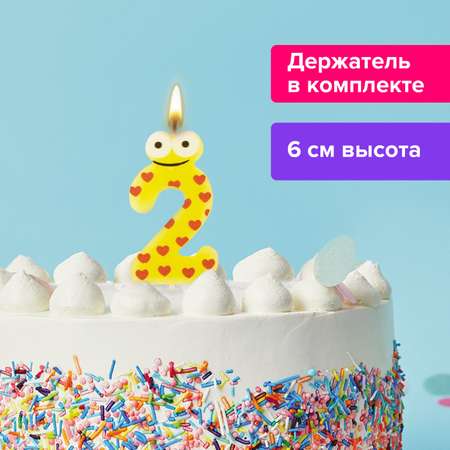 Свеча для торта Золотая сказка цифра 2 С глазками 6 см с держателем в блистере