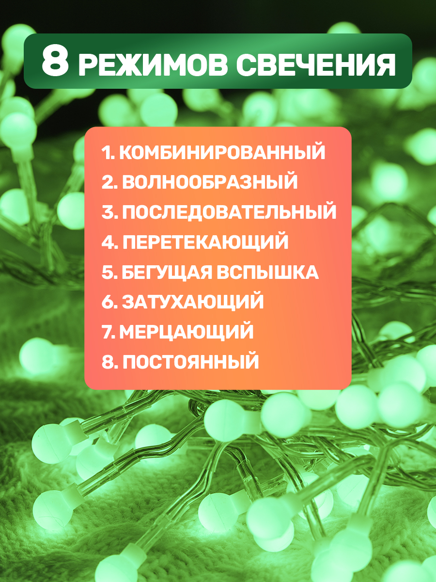 Светодиодная гирлянда NEON-NIGHT Мишура 3 м 8 режимов зеленое свечение 303-604 - фото 3