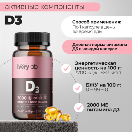 БАД Iverylab Витамин D3 2000 ME в гелевых капсулах