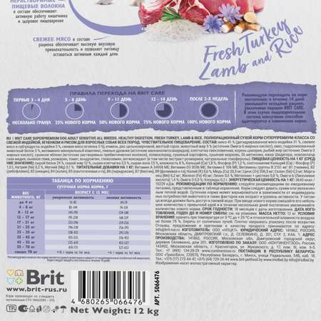 Корм для собак Brit Care 12кг всех пород с индейкой и ягненком