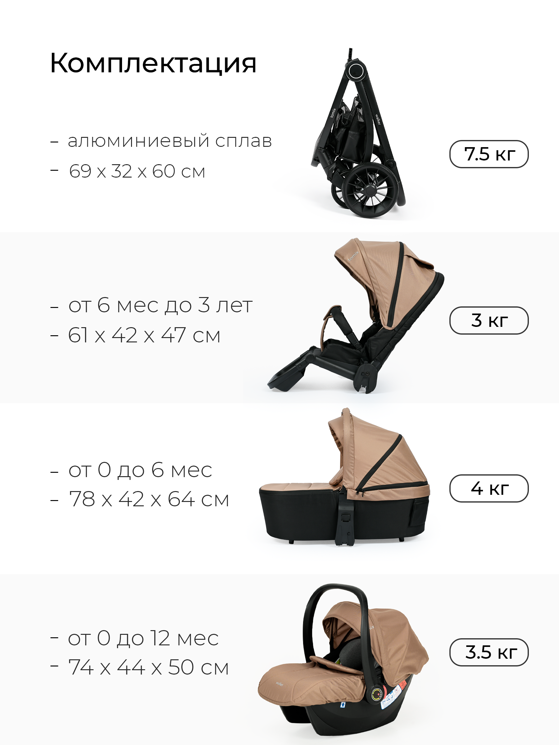 Коляска 3в1 Tomix Walker бежевый - фото 21