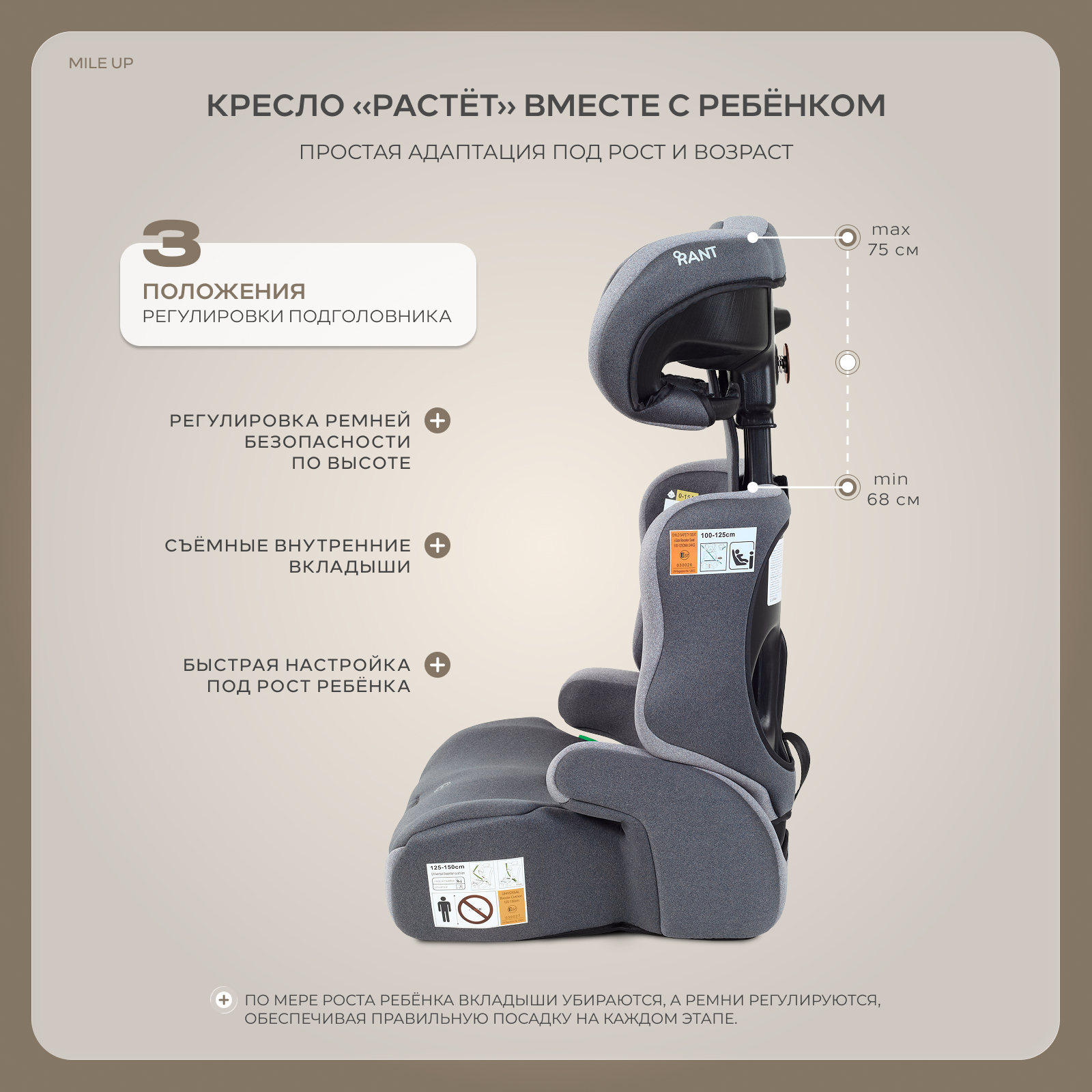 Автокресло Rant Basic Mile UP 1/2/3 (9-36 кг) серый - фото 2