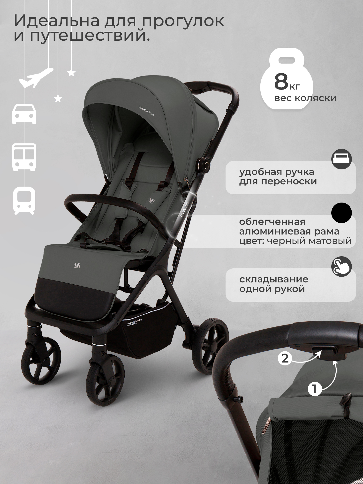 Коляска прогулочная Sweet Baby Colibri Plus Dark Grey серый - фото 2